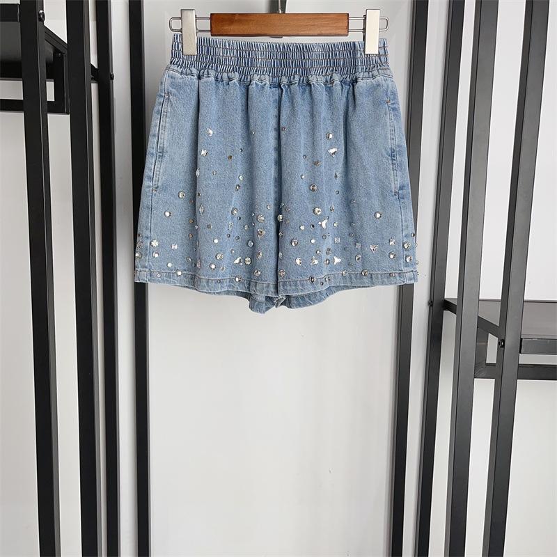 Jupes & Shorts  Femme | Short Large En Denim Orné De Strass Femme Bleu jean clair