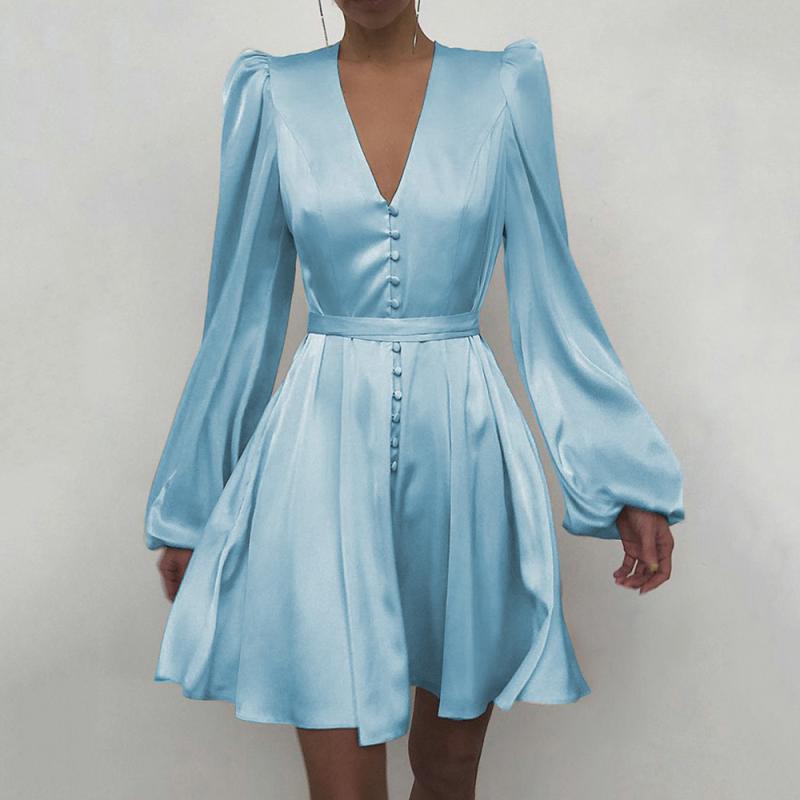 Robes  Femme | Robe Courte Manches Ballons Bleu Femme BLEU CIEL