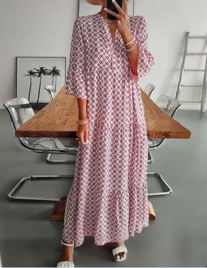 Robes  Femme | Robe Longue Imprimée Femme Ecru / Rose